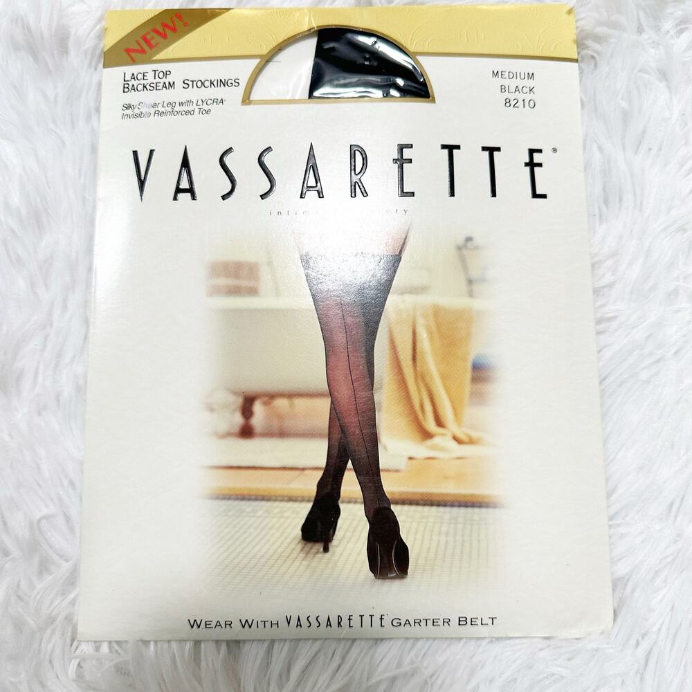 New Vintage Vassarette Lace Top Hi Cut Backseam Panty Hose Black Medium